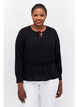 Women Plus Size Tie Neck Long Sleeve Plain Blouse, Black