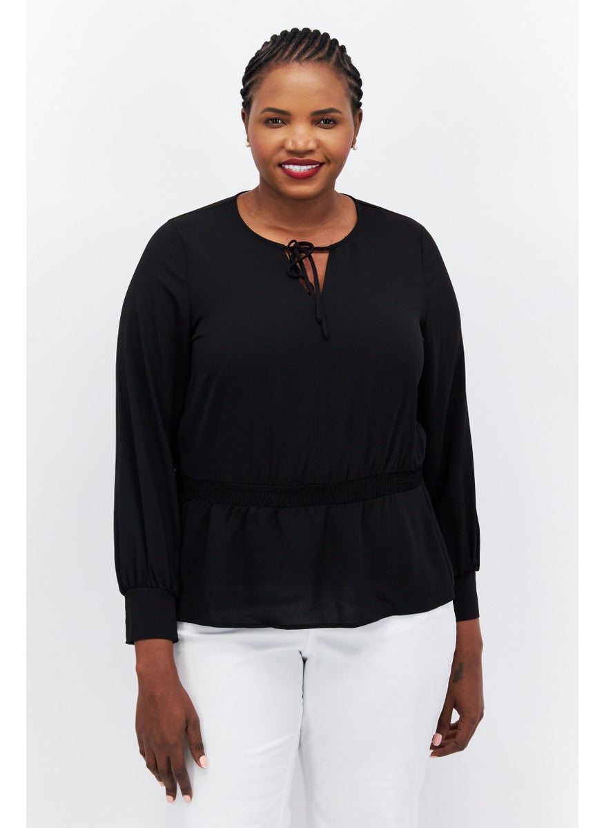 Alfani - Women Plus Size Tie Neck Long Sleeve Plain Blouse, Black - Image 1