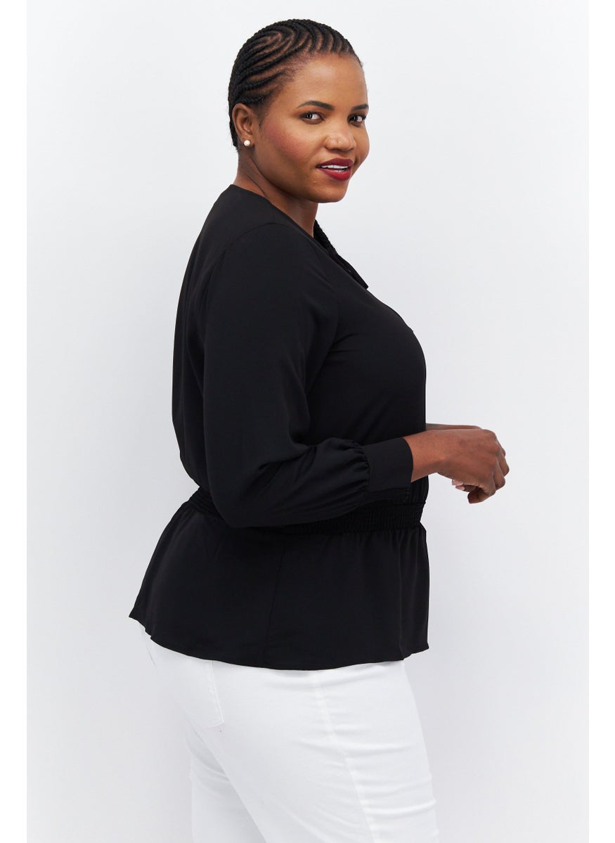 Alfani - Women Plus Size Tie Neck Long Sleeve Plain Blouse, Black - Image 1