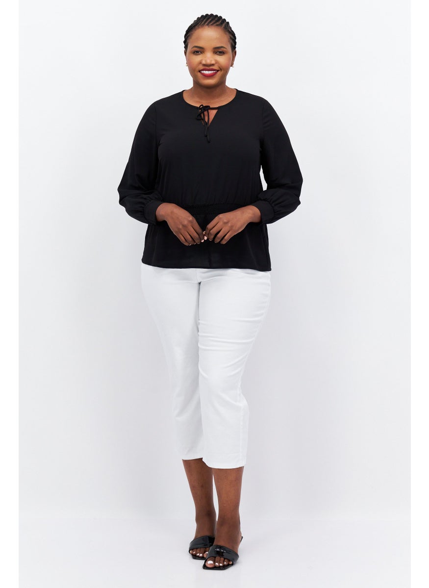 Alfani - Women Plus Size Tie Neck Long Sleeve Plain Blouse, Black - Image 1