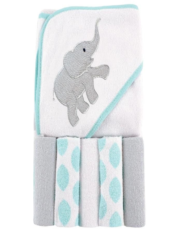 Luvable Friends - Luvable Friends Unisex Baby Hooded Towel with Five Washcloths, Cotton,Polyester,Ikat Elephant, One Size - Image 1