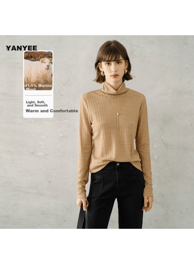 Yanyee Women's Simple Merino Wool Knit Sweater Autumn Commuter Base Layer Long Sleeve Turtleneck Top Camel Xxl/44 - Image 1