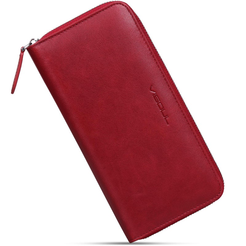 VISOUL Leather Long Zipper Pouch Wallet for Men and Women with RFID Blocking, Large Clutch Cash Long Wallet with Zipper (Burgundy) - Image 1