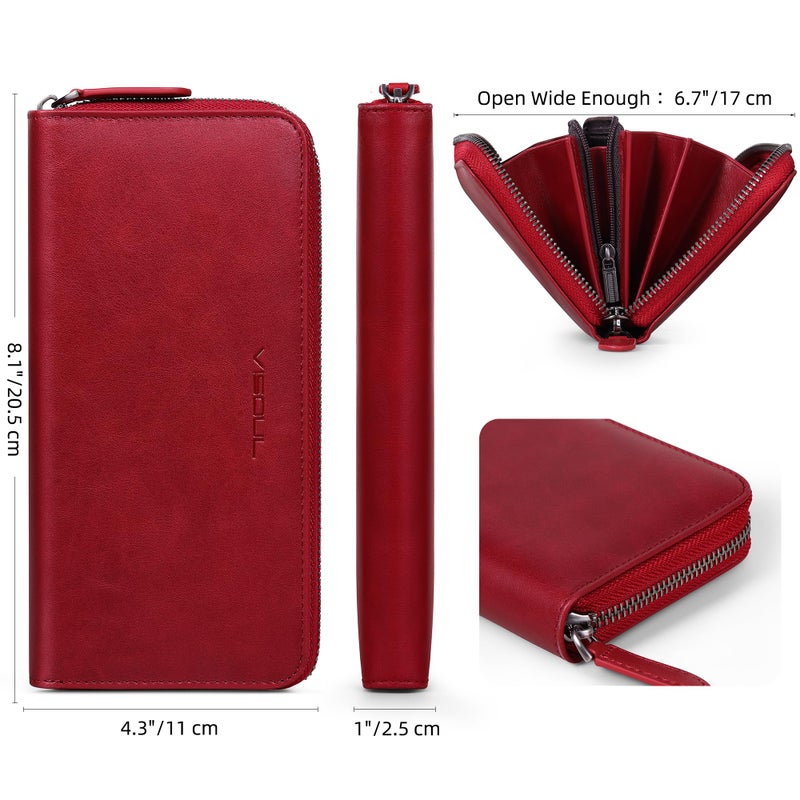 VISOUL Leather Long Zipper Pouch Wallet for Men and Women with RFID Blocking, Large Clutch Cash Long Wallet with Zipper (Burgundy) - Image 4