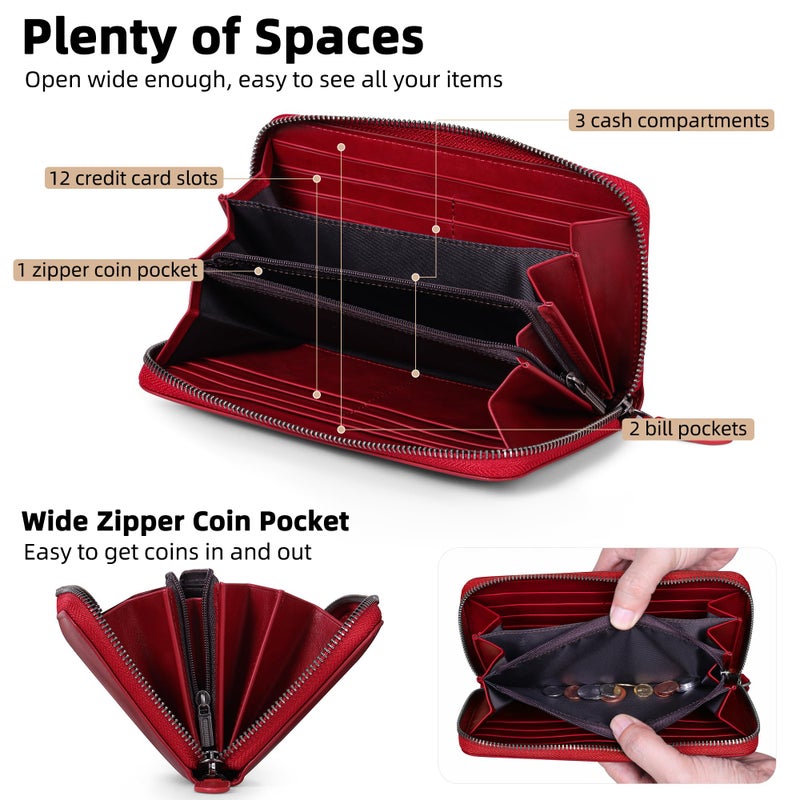 VISOUL Leather Long Zipper Pouch Wallet for Men and Women with RFID Blocking, Large Clutch Cash Long Wallet with Zipper (Burgundy) - Image 2