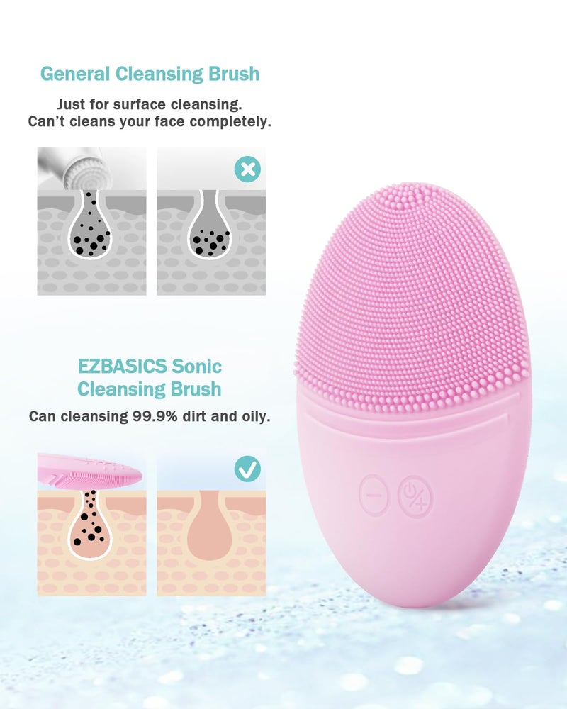 EZBASICS Facial Cleansing Brush Made with Ultra Hygienic Soft Silicone, Waterproof Sonic Vibrating Face Brush for Deep Cleansing, Gentle Massaging, Inductive Charging (Pink)1 Pack+5 Speed Settings - Image 3