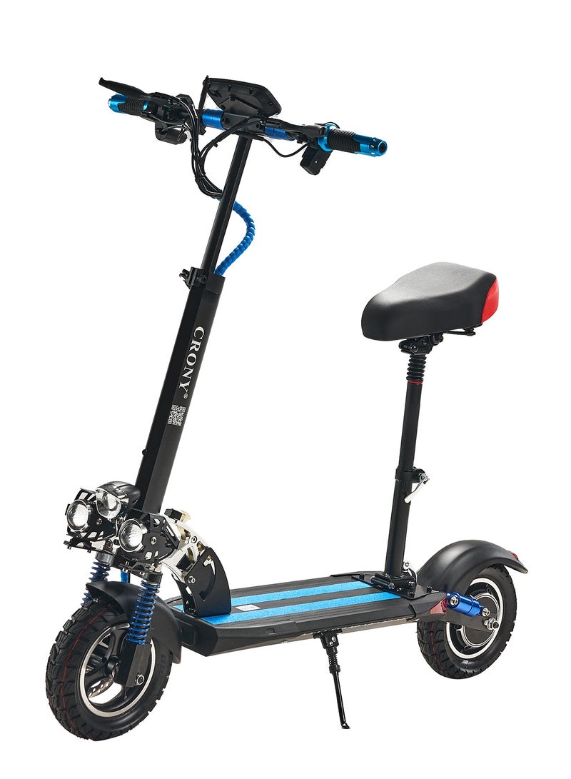 Crony V10 Big Display Fast Speed E-Scooter 1200W 48V Battery 45-68KN/H,10"Off-Road Tires,Triple LED Headlamps, Brushless Motor,All-Terrain electric Scooter, Dual Suspension, Dual Hydraulic Disc Brakes E-Bike, Easy Foldable, Portable Commuter E-Scooter for Adults & Kids, 120KG Load Aluminum Frame Skateboard, Urban Mobility，Blue - Image 1