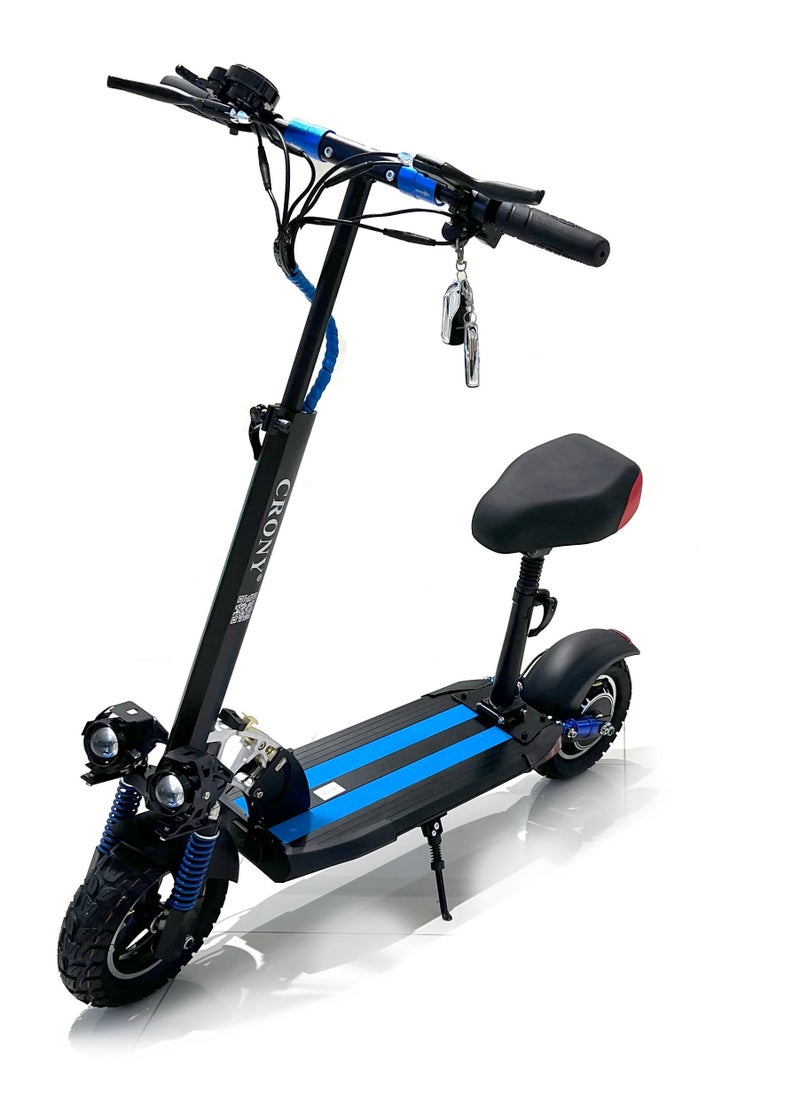 Crony - V10 Fast Speed E Scooter 1200W 48V Battery 45-68KN/H,10"Off-Road Tires,Triple LED Headlamps, Brushless Motor,All-Terrain electric Scooter, Dual Suspension, Dual Hydraulic Disc Brakes E-Bike, Easy Foldable, Portable Commuter E-Scooter for Adults & Kids, 120KG Load Aluminum Frame Skateboard, Urban Mobility，Blue - Image 1