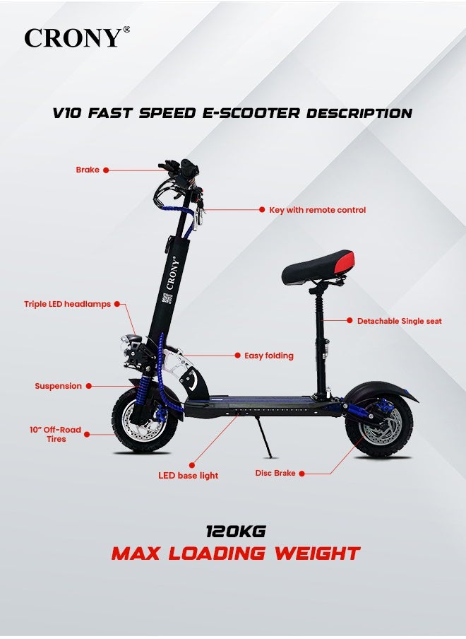 Crony - V10 Fast Speed E Scooter 1200W 48V Battery 45-68KN/H,10"Off-Road Tires,Triple LED Headlamps, Brushless Motor,All-Terrain electric Scooter, Dual Suspension, Dual Hydraulic Disc Brakes E-Bike, Easy Foldable, Portable Commuter E-Scooter for Adults & Kids, 120KG Load Aluminum Frame Skateboard, Urban Mobility，Blue - Image 1