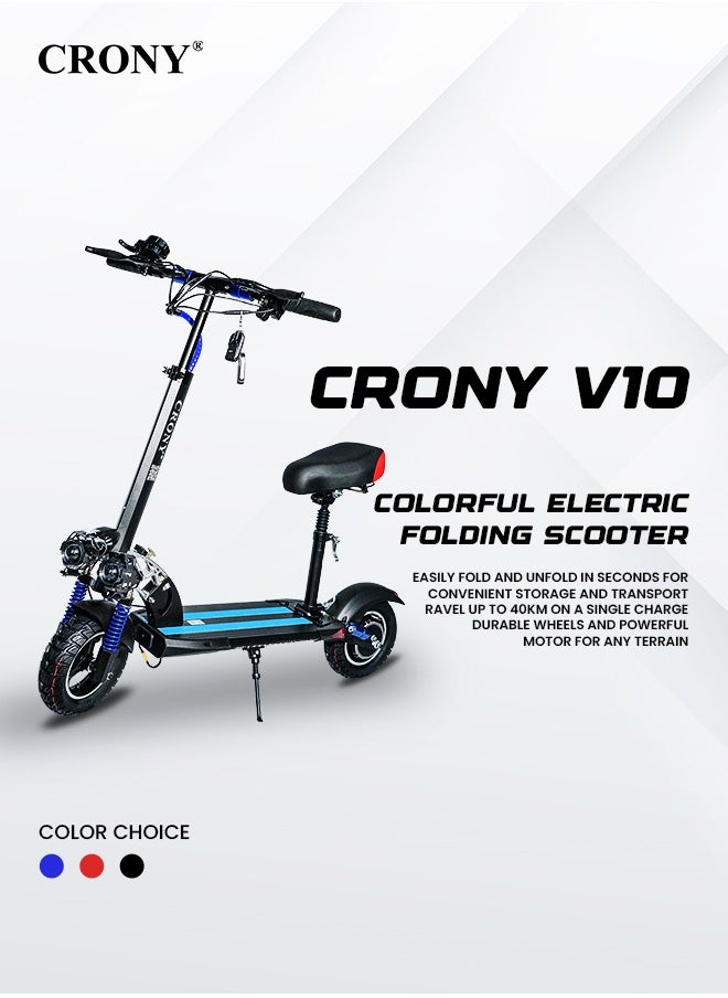Crony - V10 Fast Speed E Scooter 1200W 48V Battery 45-68KN/H,10"Off-Road Tires,Triple LED Headlamps, Brushless Motor,All-Terrain electric Scooter, Dual Suspension, Dual Hydraulic Disc Brakes E-Bike, Easy Foldable, Portable Commuter E-Scooter for Adults & Kids, 120KG Load Aluminum Frame Skateboard, Urban Mobility，Blue - Image 1