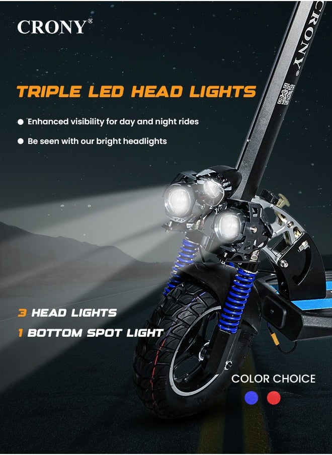 Crony - V10 Fast Speed E Scooter 1200W 48V Battery 45-68KN/H,10"Off-Road Tires,Triple LED Headlamps, Brushless Motor,All-Terrain electric Scooter, Dual Suspension, Dual Hydraulic Disc Brakes E-Bike, Easy Foldable, Portable Commuter E-Scooter for Adults & Kids, 120KG Load Aluminum Frame Skateboard, Urban Mobility，Blue - Image 1