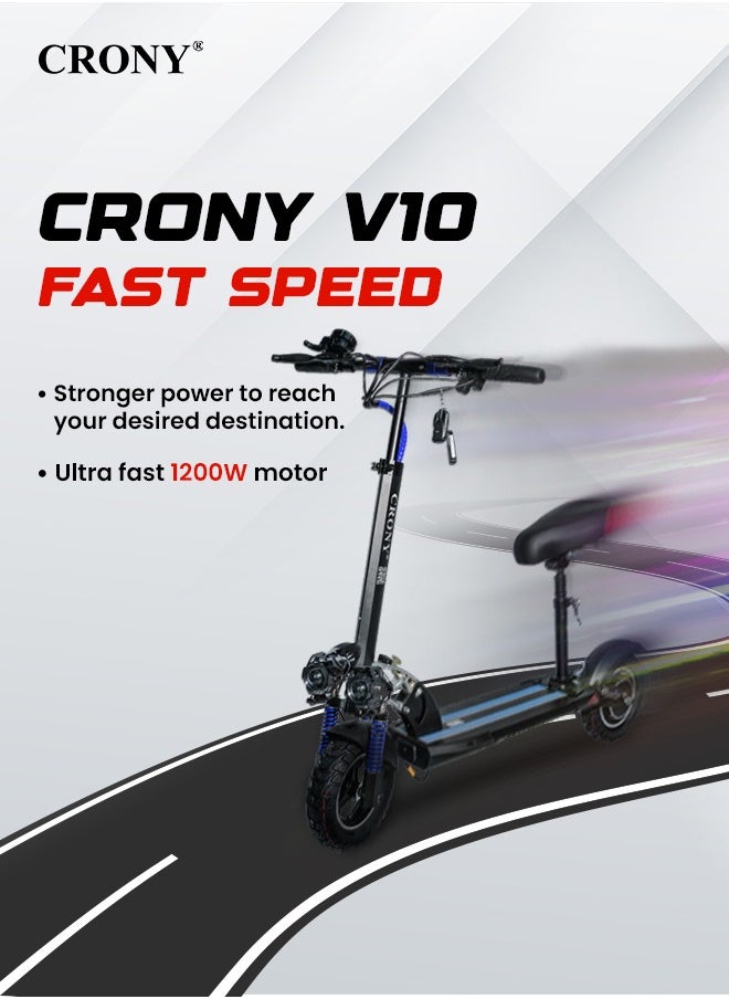 Crony - V10 Fast Speed E Scooter 1200W 48V Battery 45-68KN/H,10"Off-Road Tires,Triple LED Headlamps, Brushless Motor,All-Terrain electric Scooter, Dual Suspension, Dual Hydraulic Disc Brakes E-Bike, Easy Foldable, Portable Commuter E-Scooter for Adults & Kids, 120KG Load Aluminum Frame Skateboard, Urban Mobility，Blue - Image 1