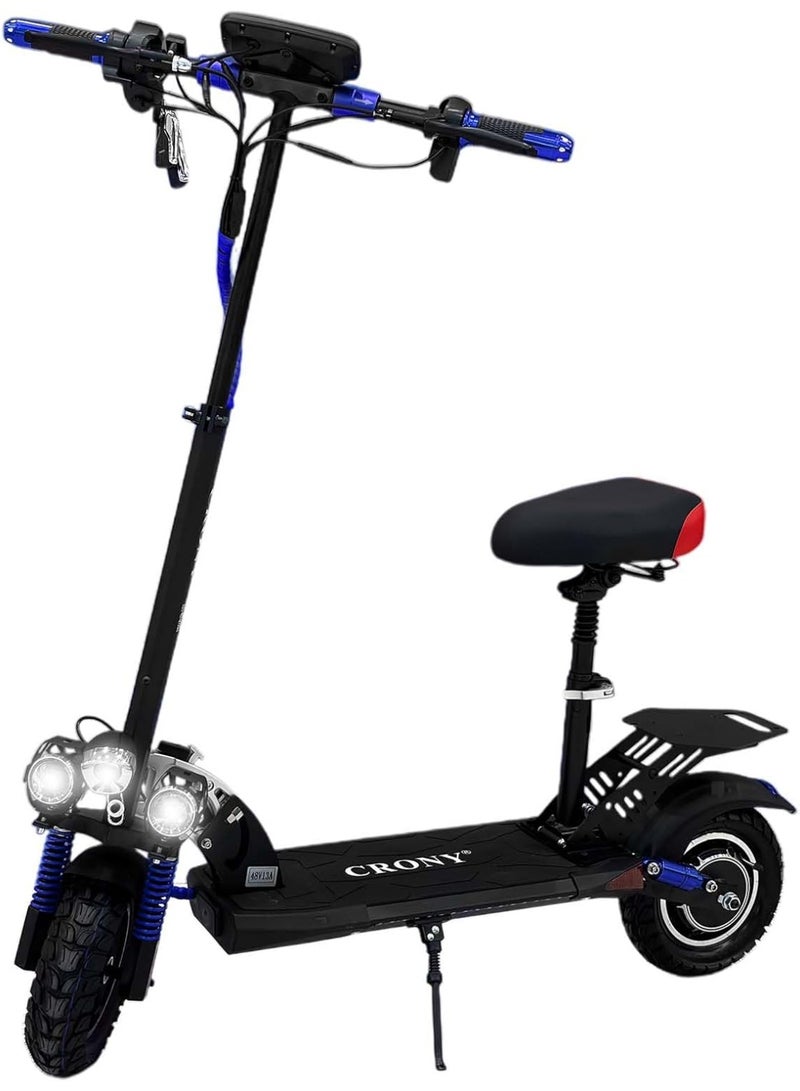Crony V10 Big LED Display 1200W Motor E-Scooter, 55km/h Max Speed, 25-35KM Range, 48V 14AH Battery, 10” Off-Road Rubber Tires, Dual Disc Brakes, Front & Rear Suspension, Foldable Aluminum Frame, Triple LED Headlights, LED Base Lighting, Electric Scooter for Adults/Teens with Seat, Heavy Duty 120kg Load Capacity, Fast Urban Commuter E-Skateboard for Teens and Adults, Long Range, E-bike with pneumatic Tires and Easy Folding Design, Fast Urban Commuter Motorized Scooter,Perfect Scooter for Outdoor Adventures , Blue - Image 1