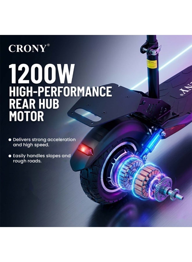 Crony V10 Big LED Display 1200W Motor E-Scooter, 55km/h Max Speed, 25-35KM Range, 48V 14AH Battery, 10” Off-Road Rubber Tires, Dual Disc Brakes, Front & Rear Suspension, Foldable Aluminum Frame, Triple LED Headlights, LED Base Lighting, Electric Scooter for Adults/Teens with Seat, Heavy Duty 120kg Load Capacity, Fast Urban Commuter E-Skateboard for Teens and Adults, Long Range, E-bike with pneumatic Tires and Easy Folding Design, Fast Urban Commuter Motorized Scooter,Perfect Scooter for Outdoor Adventures , Blue - Image 5