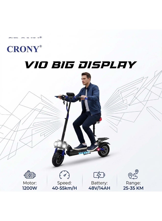 Crony V10 Big LED Display 1200W Motor E-Scooter, 55km/h Max Speed, 25-35KM Range, 48V 14AH Battery, 10” Off-Road Rubber Tires, Dual Disc Brakes, Front & Rear Suspension, Foldable Aluminum Frame, Triple LED Headlights, LED Base Lighting, Electric Scooter for Adults/Teens with Seat, Heavy Duty 120kg Load Capacity, Fast Urban Commuter E-Skateboard for Teens and Adults, Long Range, E-bike with pneumatic Tires and Easy Folding Design, Fast Urban Commuter Motorized Scooter,Perfect Scooter for Outdoor Adventures , Blue - Image 3