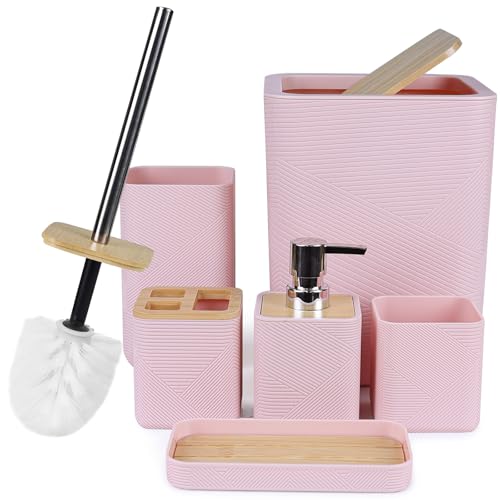 CERBIOR Bathroom Accessories Set 6 Piece Bamboo Bath Ensemble Includes Soap Dispenser, Toothbrush Holder, Toothbrush Cup, Soap Dish for Decorative Countertop and Housewarming Gift (Pink) - Image 1