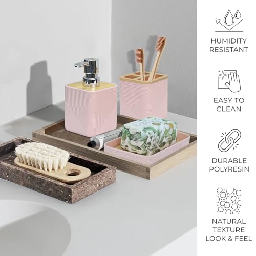 CERBIOR Bathroom Accessories Set 6 Piece Bamboo Bath Ensemble Includes Soap Dispenser, Toothbrush Holder, Toothbrush Cup, Soap Dish for Decorative Countertop and Housewarming Gift (Pink) - Image 3