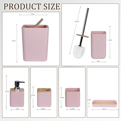 CERBIOR Bathroom Accessories Set 6 Piece Bamboo Bath Ensemble Includes Soap Dispenser, Toothbrush Holder, Toothbrush Cup, Soap Dish for Decorative Countertop and Housewarming Gift (Pink) - Image 2