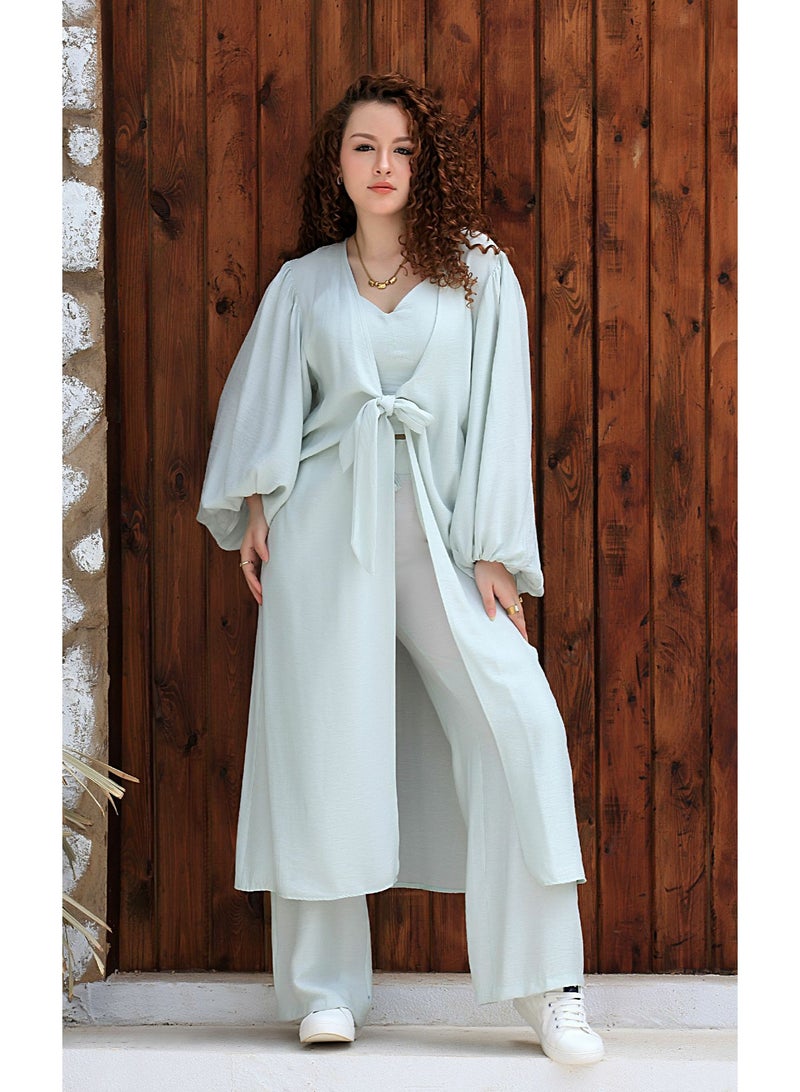 Ship Master Piece Elegant Women’s Set – Top, Wide-Leg Pants & Long Puff-Sleeve Cardigan  - Image 2