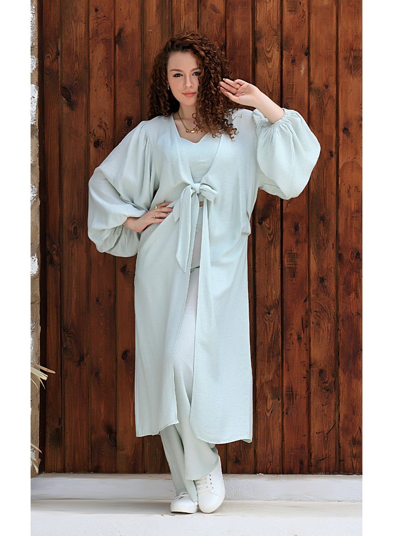 Ship Master Piece Elegant Women’s Set – Top, Wide-Leg Pants & Long Puff-Sleeve Cardigan  - Image 3