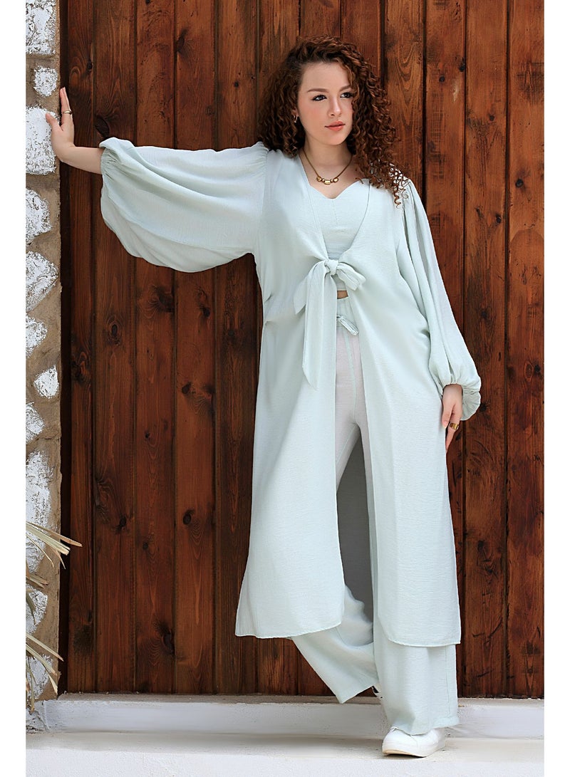 Ship Master Piece Elegant Women’s Set – Top, Wide-Leg Pants & Long Puff-Sleeve Cardigan  - Image 1