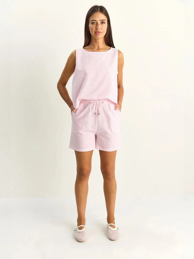 Bianco Lucci LUCCI Striped Seersucker Blouse And Shorts Set