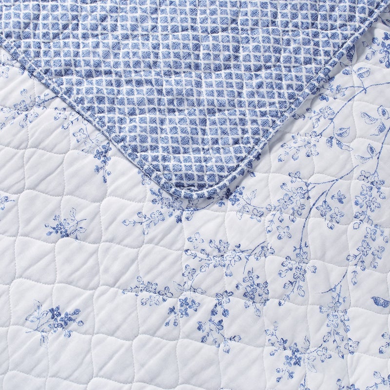 Laura Ashley Home - Twin Quilt Set, Reversible Cotton Bedding with Matching Sham, Pre-Washed Home Decor for Added Softness (Flora Blue, Twin) - Image 3