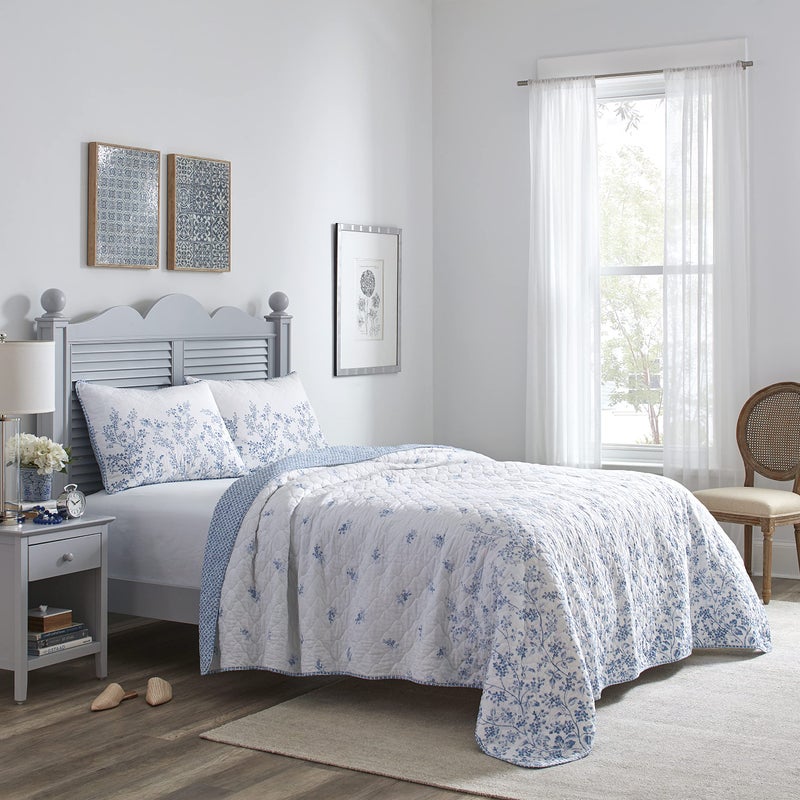 Laura Ashley Home - Twin Quilt Set, Reversible Cotton Bedding with Matching Sham, Pre-Washed Home Decor for Added Softness (Flora Blue, Twin) - Image 2