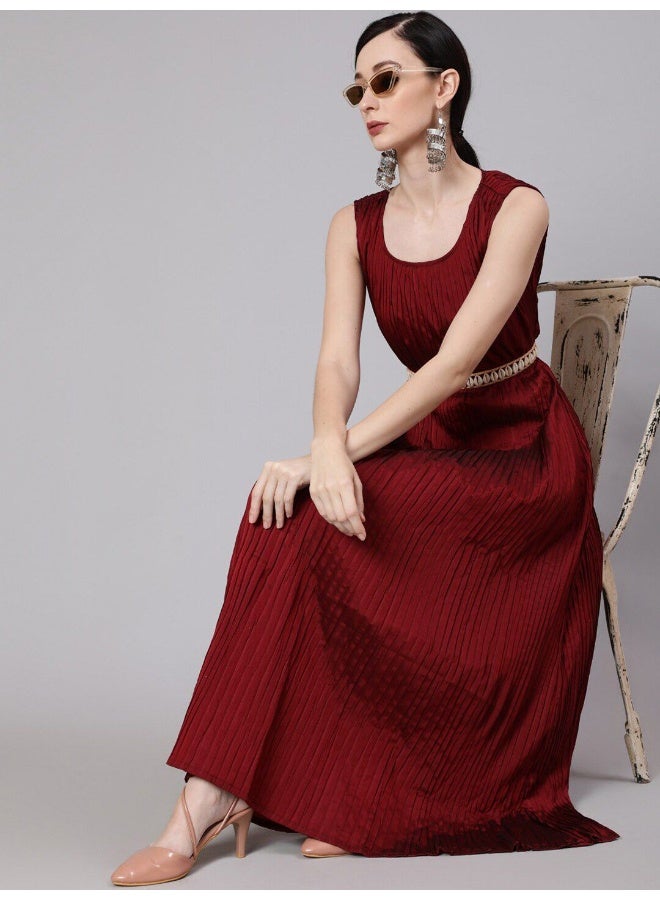 AKS Maroon Taffeta Pleated Maxi Dress  - Image 1