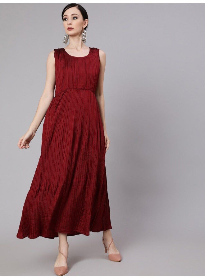 AKS Maroon Taffeta Pleated Maxi Dress  - Image 3