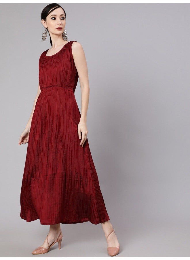 AKS Maroon Taffeta Pleated Maxi Dress  - Image 5