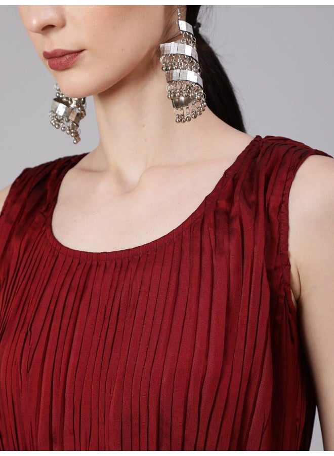 AKS Maroon Taffeta Pleated Maxi Dress  - Image 2