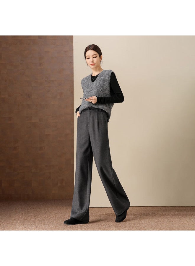 Dme Women's Winter Grey Wool-blend Straight-leg High-waist Casual Pants With Waist Tab - Image 2