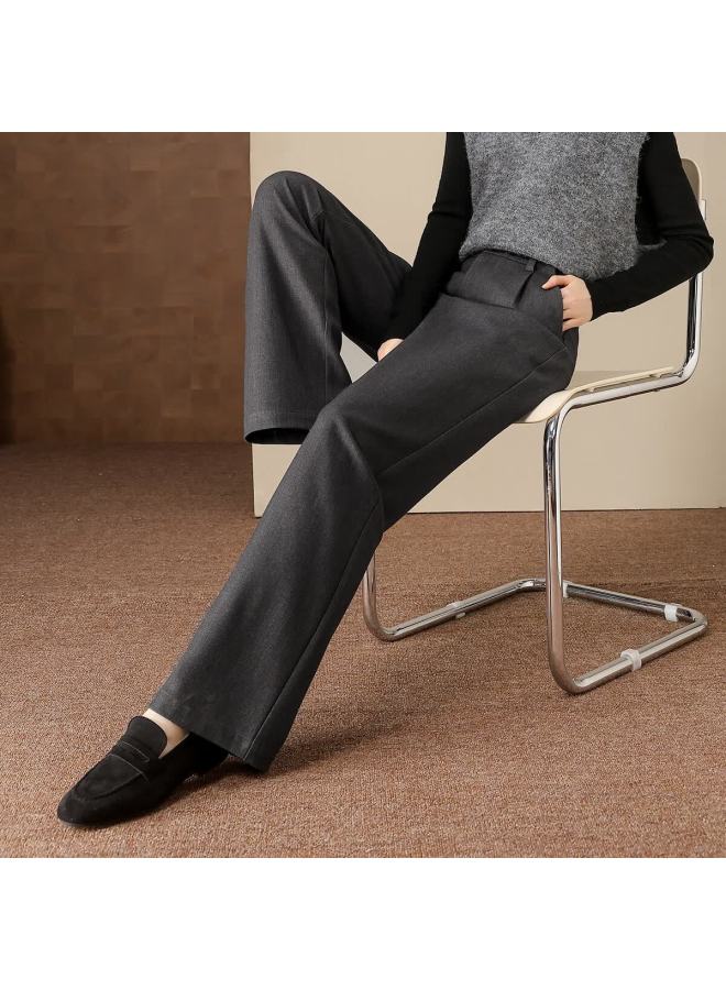 Dme Women's Winter Grey Wool-blend Straight-leg High-waist Casual Pants With Waist Tab - Image 5
