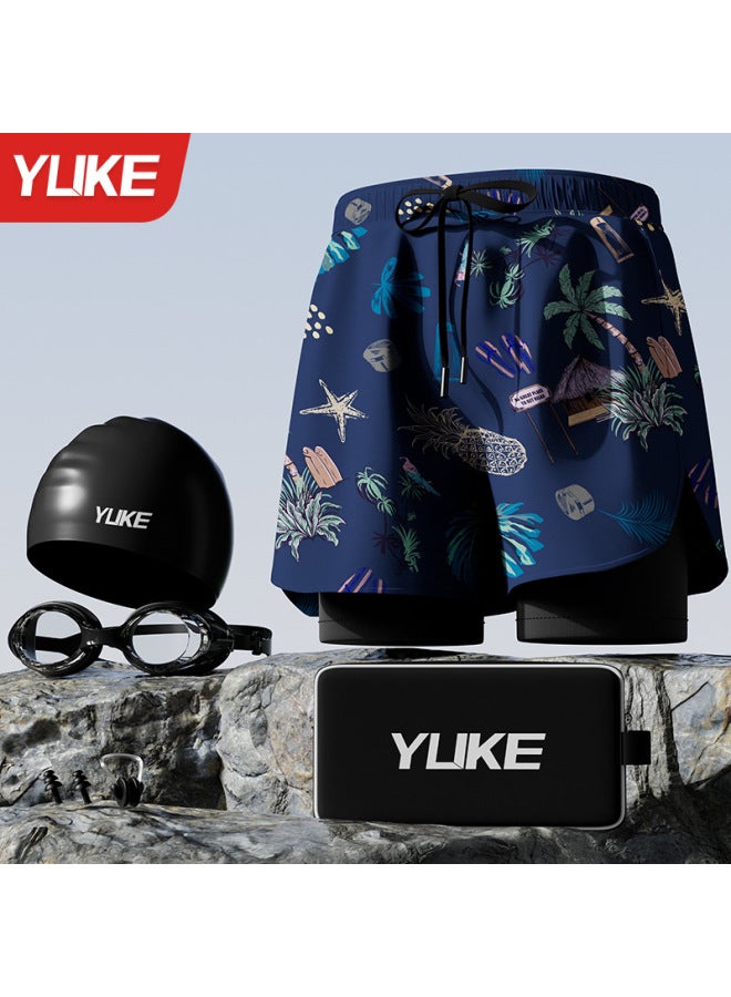 Swimming Trunks Men's Double-layer Anti-embarrassment New Beach Pants Hot Spring Three-piece Swimming Cap Swimming Goggles Men's Swimming Equipment
