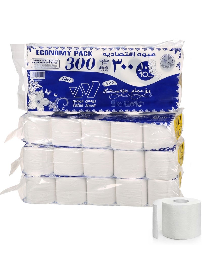 Lotus Alwadi - 300 sheets 2ply Lotus Alwadi Toilet Paper, 40 rolls (total 12,000 sheets) - 4 packs of 10, white, Very Soft & Unscented - Image 1