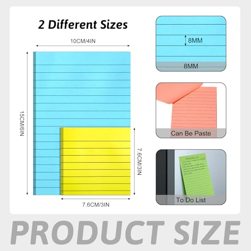 miikoul 18 Pack Lined Sticky Notes 9 Bright Colors Self-Stick Note Pads with Lines 4x6 & 3x3 Super Sticking Power Memo Pads Big Rectangular Notes Pad Its for Office, School, Meeting - Image 2
