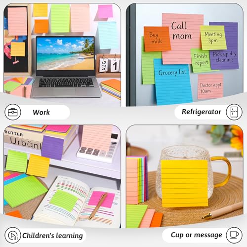 miikoul 18 Pack Lined Sticky Notes 9 Bright Colors Self-Stick Note Pads with Lines 4x6 & 3x3 Super Sticking Power Memo Pads Big Rectangular Notes Pad Its for Office, School, Meeting - Image 3