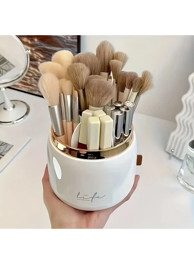 360 Degree Rotating Makeup Organizer Light Green Dustproof Cosmetic Storage For Brushes Lipsticks Eyebrow Pencils Golden Accents For Bathroom Vanity - Image 1