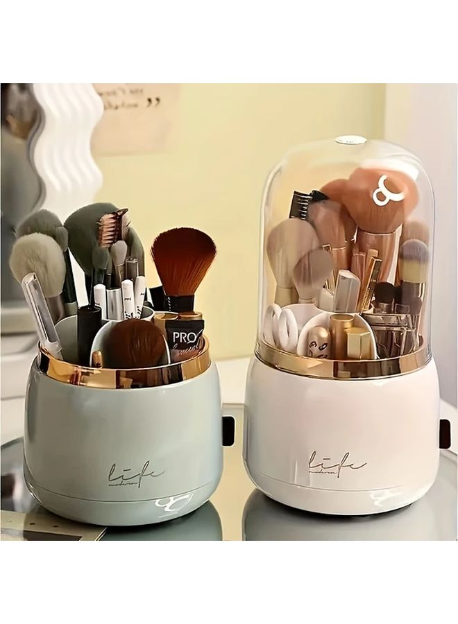 360 Degree Rotating Makeup Organizer Light Green Dustproof Cosmetic Storage For Brushes Lipsticks Eyebrow Pencils Golden Accents For Bathroom Vanity - Image 4