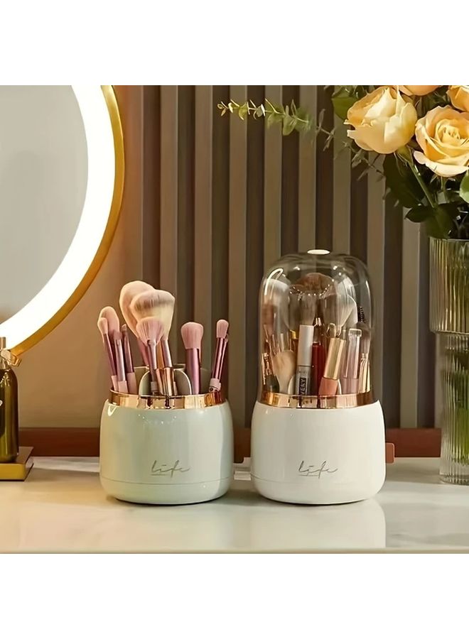 360 Degree Rotating Makeup Organizer Light Green Dustproof Cosmetic Storage For Brushes Lipsticks Eyebrow Pencils Golden Accents For Bathroom Vanity - Image 2