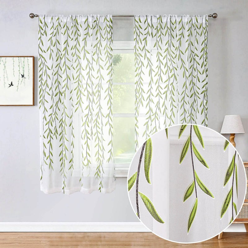 BROSHAN Short Sheer Curtains 2 Panel SetGreen Print Curtains Sheer Leaf Pattern White Sheers 63 inches Long Sheer Window Curtains Rod Pocket for Small Bedroom Bathroom Kitchen