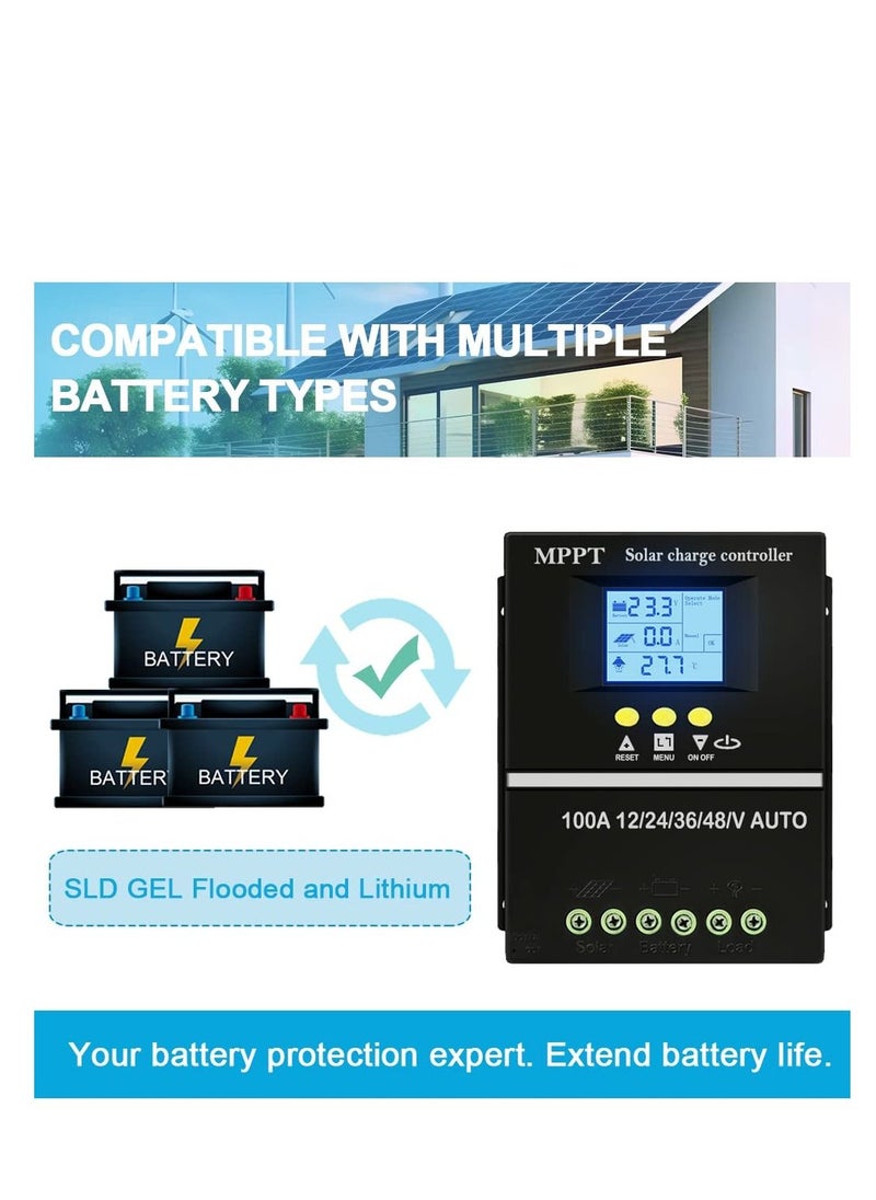 Y&D - 100A MPPT Solar Charge Controller 12V 24V 36V 48V LCD Display Auto Cell Panel Charger Regulator, Max 100V Input Dual USB Efficient and Reliable Power Solution for Lead-Acid Lithium - Image 1