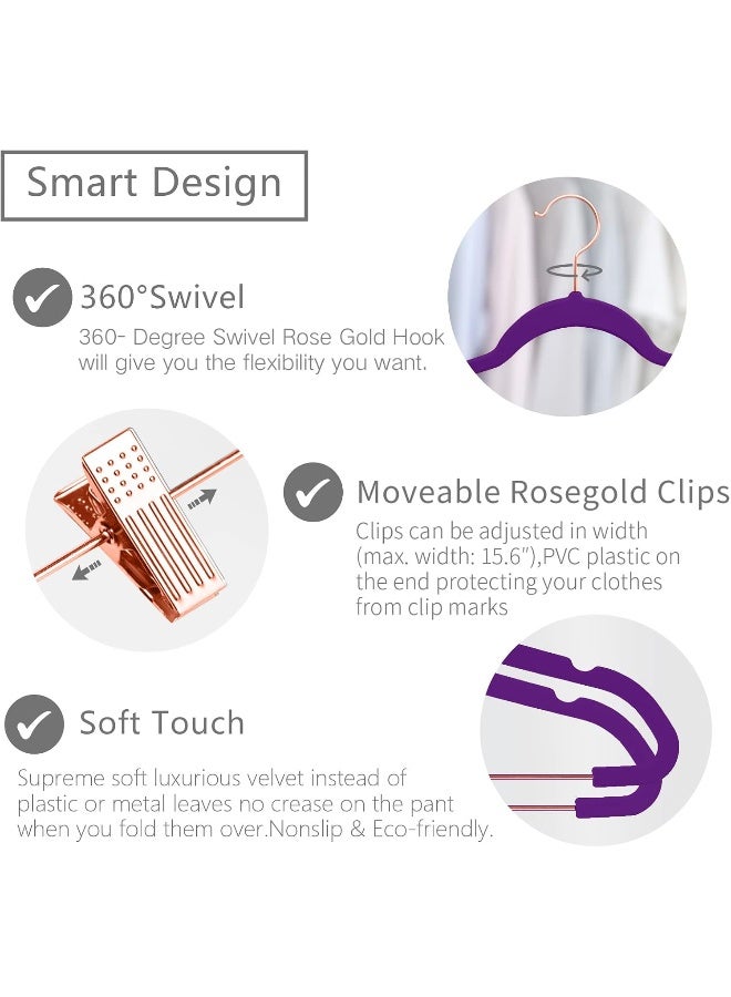 MIZGI MIZGI Premium Velvet Pants Hangers with Clips (Pack of 20) Slim Skirt Hangers- Non Slip Felt Outfit Dress Hangers Dark Purple - Copper/Rose Gold Hooks, Space Saving Shirt Clothes Hangers  - Image 3