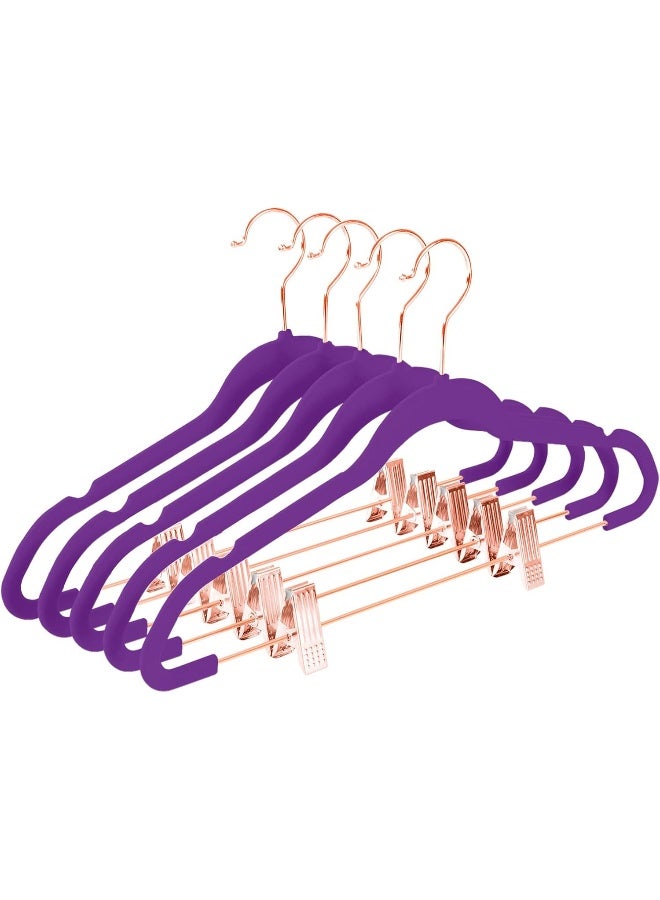 MIZGI MIZGI Premium Velvet Pants Hangers with Clips (Pack of 20) Slim Skirt Hangers- Non Slip Felt Outfit Dress Hangers Dark Purple - Copper/Rose Gold Hooks, Space Saving Shirt Clothes Hangers  - Image 1