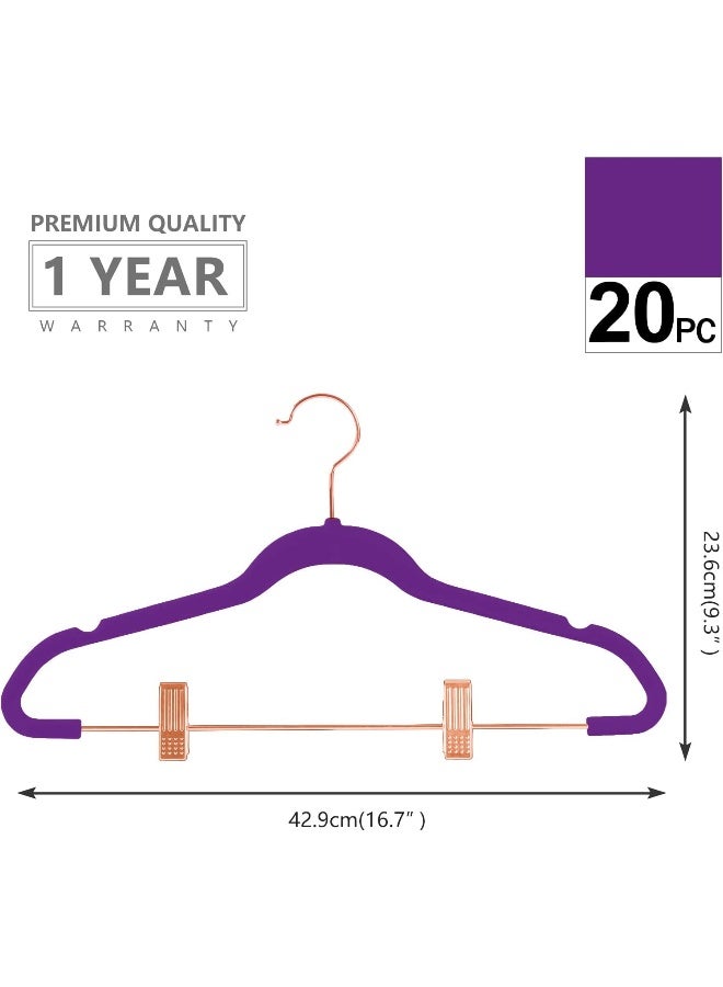 MIZGI MIZGI Premium Velvet Pants Hangers with Clips (Pack of 20) Slim Skirt Hangers- Non Slip Felt Outfit Dress Hangers Dark Purple - Copper/Rose Gold Hooks, Space Saving Shirt Clothes Hangers  - Image 2