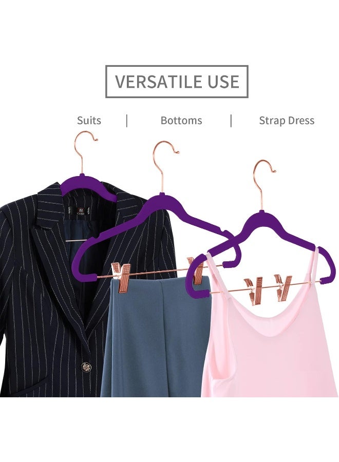MIZGI MIZGI Premium Velvet Pants Hangers with Clips (Pack of 20) Slim Skirt Hangers- Non Slip Felt Outfit Dress Hangers Dark Purple - Copper/Rose Gold Hooks, Space Saving Shirt Clothes Hangers  - Image 4