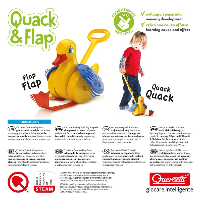 Quercetti Quack and Flap Duck Push Toy - Makes Sounds and Flaps Wings as it Rolls, Helps Toddlers Learn First Steps and Promotes Walking, for Kids Ages 1 - 3 Years , Yellow - Image 5