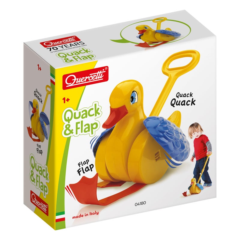 Quercetti Quack and Flap Duck Push Toy - Makes Sounds and Flaps Wings as it Rolls, Helps Toddlers Learn First Steps and Promotes Walking, for Kids Ages 1 - 3 Years , Yellow - Image 1