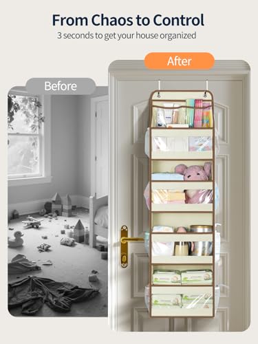 Yecaye 5 Tier 1Pc Over the Door Organizer Swingproof Door Organizer Hanging with Clear PVC Windows Behind the Door Storage for Bedroom Nursery Closet Laundry Pantry Bathroom Beige - Image 3